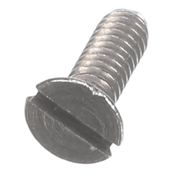 A metal screw with a slotted flat head and threaded body.
