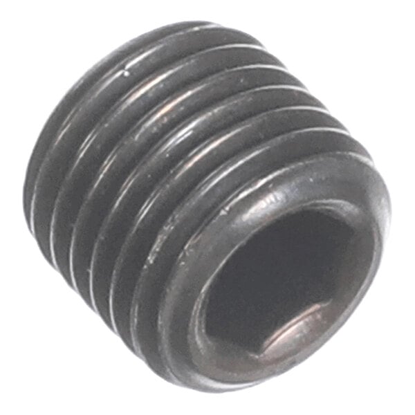 A close-up view of a small, dark-colored, threaded set screw with a hexagonal socket head.