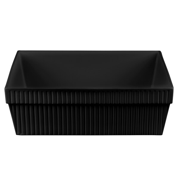 A black rectangular cast aluminum bowl with a lid on a white background.