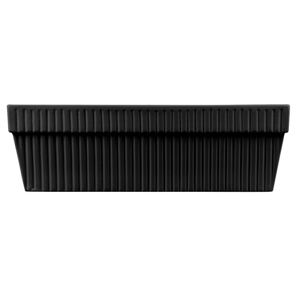 A black rectangular Tablecraft cast aluminum bowl with a ribbed surface.