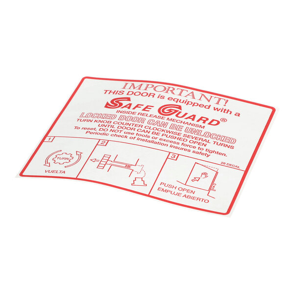 A rectangular safety instruction decal with red text and diagrams, providing directions for unlocking a door equipped with a safeguard mechanism.