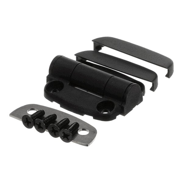 A black hinge assembly kit with two matching covers, a metal shim, and four black screws.