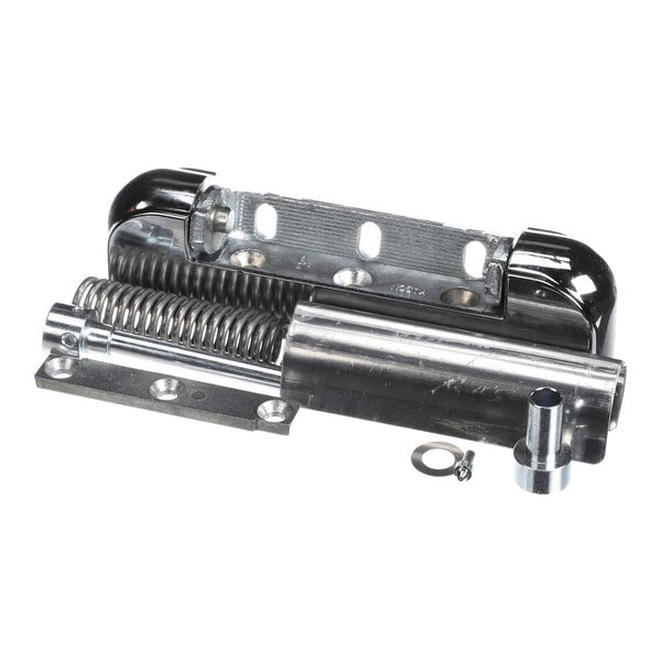 A metallic hinge assembly with a coiled spring, mounting plate, and chrome finish, accompanied by small hardware pieces.