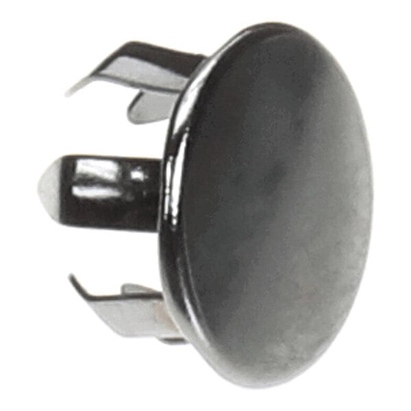 A round, black, plastic cap with flexible prongs extending from the back, likely used as a finishing cover for a hole or opening.