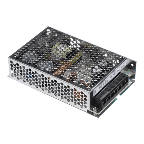 A rectangular metal electronic device with a perforated cover and labeled terminal connectors on one side.