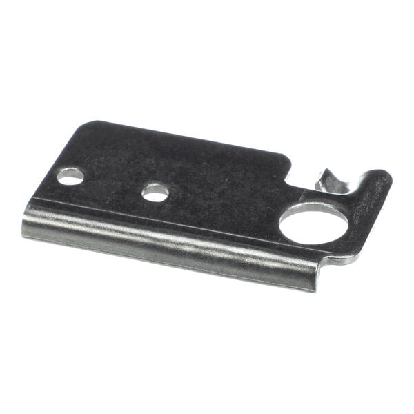 A small, flat metal plate with three holes and a raised edge, featuring a notched corner.