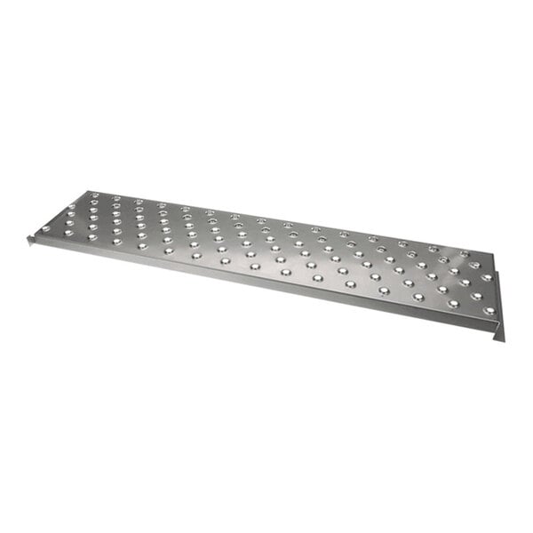 A rectangular metal plate with raised circular bumps arranged in a grid pattern.