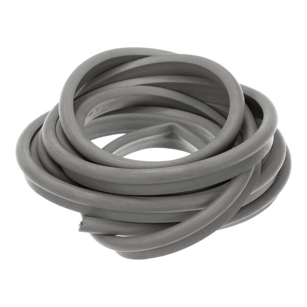 A coiled length of gray, P-shaped gasket material.