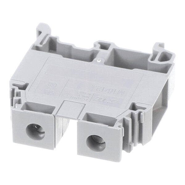 A gray plastic and metal terminal block with two connection points and mounting features.