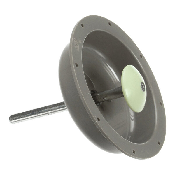 A round, gray plastic component with a central metal rod and a light green circular knob, featuring evenly spaced holes around the outer edge.
