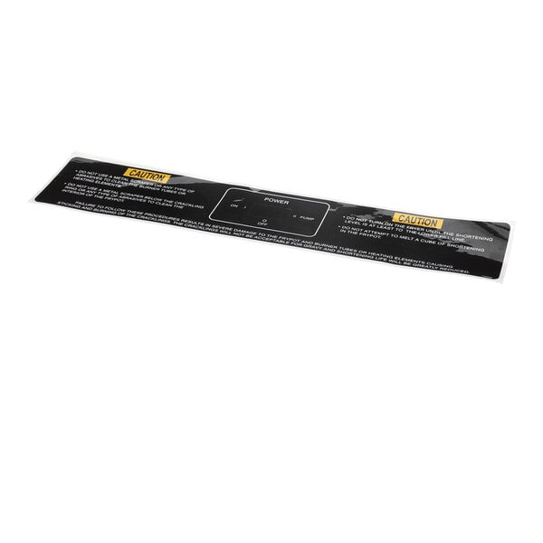 A rectangular black label with white text, caution warnings, and labeled sections for power, pump, and melt functions.