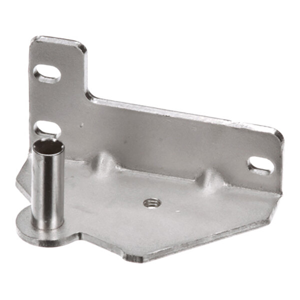 A metal bracket with a cylindrical post and three slotted mounting holes, likely used as a hinge component.