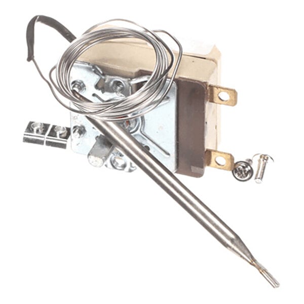A metallic device with a coiled wire, a probe, and two screws, likely a temperature control component.