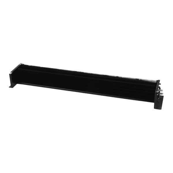 A long, rectangular black metal component with fins and connectors on one end, likely part of a cooling or refrigeration system.