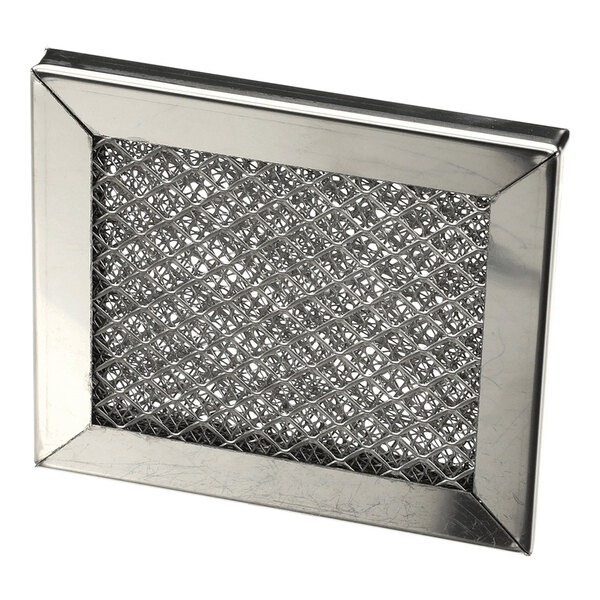A rectangular metal mesh filter with a shiny frame and a crisscross wire pattern in the center.