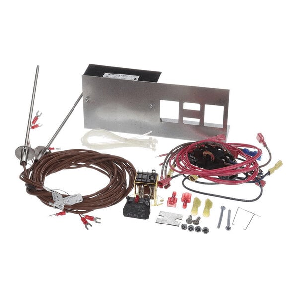 A collection of electronic components, wires, probes, connectors, screws, and a metal mounting plate arranged on a white background.