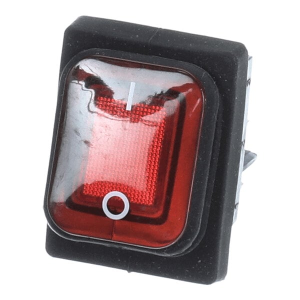A rectangular red rocker switch with a black frame, featuring a white 'I' and 'O' symbol.