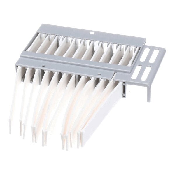 A gray plastic assembly with multiple white absorbent paper strips extending downward in parallel rows.