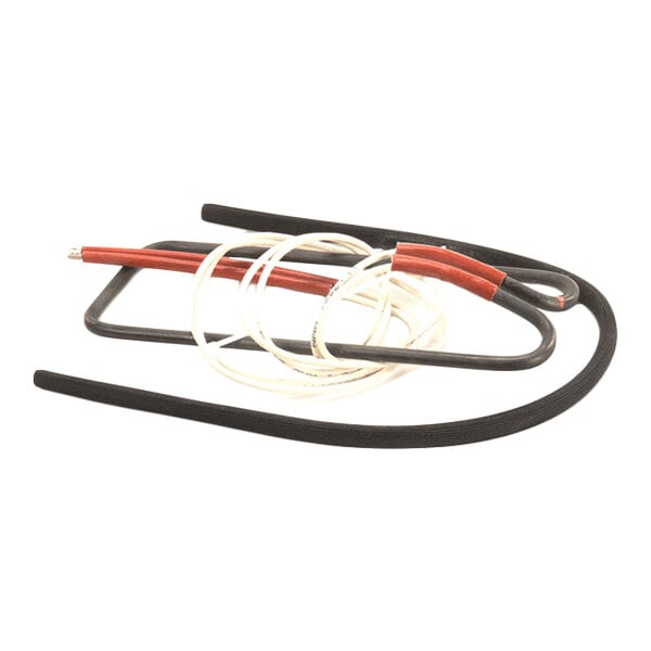 A black, U-shaped heating element with attached red and white wires.