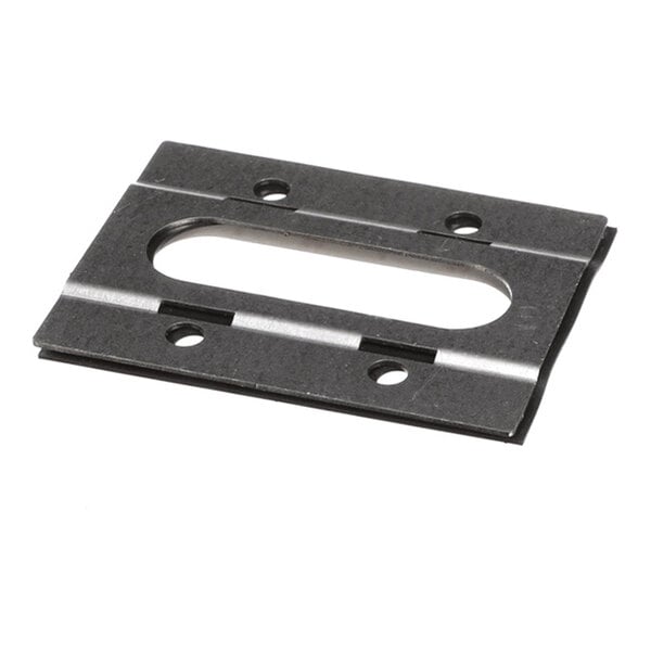 A rectangular metal plate with a large oval cutout in the center and four smaller round holes near the corners.