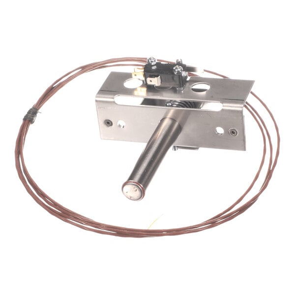 A metal temperature sensor subassembly with a cylindrical probe attached to a mounting plate and a long coiled wire.