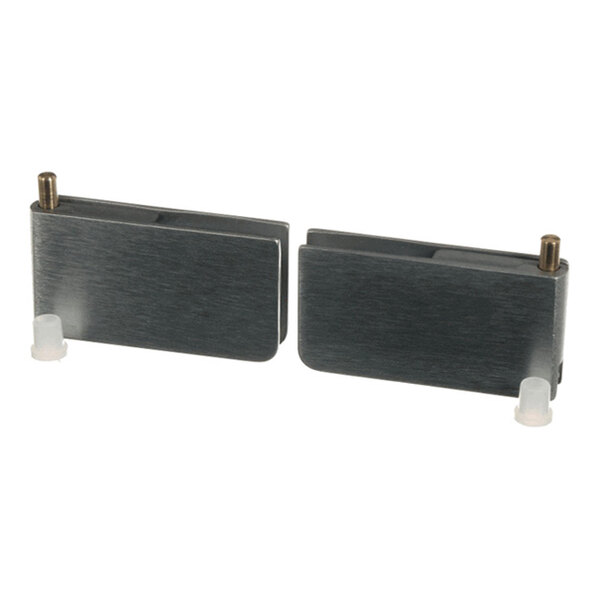 Two rectangular, metallic hinge assemblies with a brushed finish and small cylindrical components attached at one end.