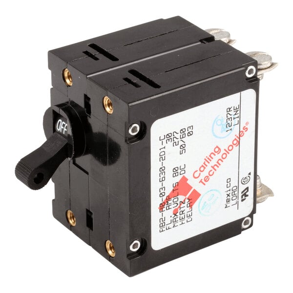 A black two-pole electrical switch with a toggle lever labeled 'OFF' and a white label on the side displaying technical specifications and branding.