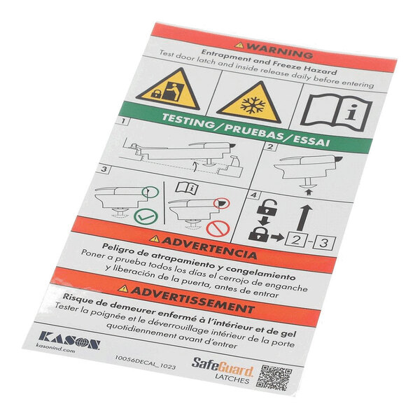 A rectangular warning and instruction decal with multilingual text, hazard symbols, and illustrated testing steps for a latch mechanism.