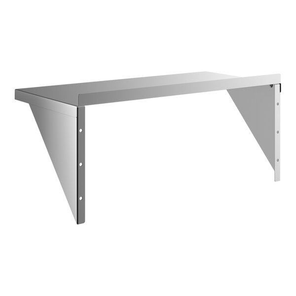 A heavy duty stainless steel wall shelf with triangular support brackets.