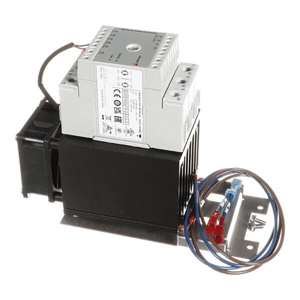 A compact electrical relay kit with a black heat sink, gray relay module, attached wires, and a metal mounting plate.