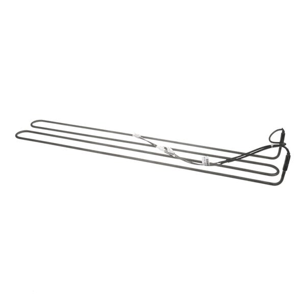A long, thin, black metal heating element with attached wires, arranged in a rectangular looped shape.