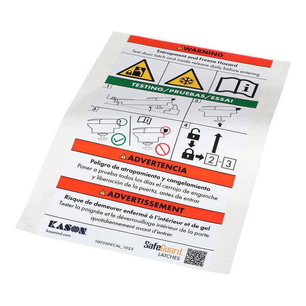 A warning and instruction decal with multilingual text and diagrams for testing a door latch, including hazard symbols and steps for safe operation.