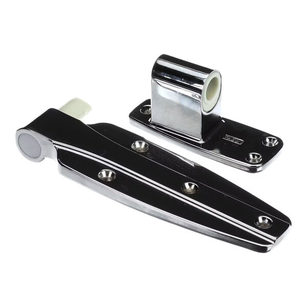 A shiny, chrome-plated hinge set with mounting holes, consisting of two parts designed to fit together.