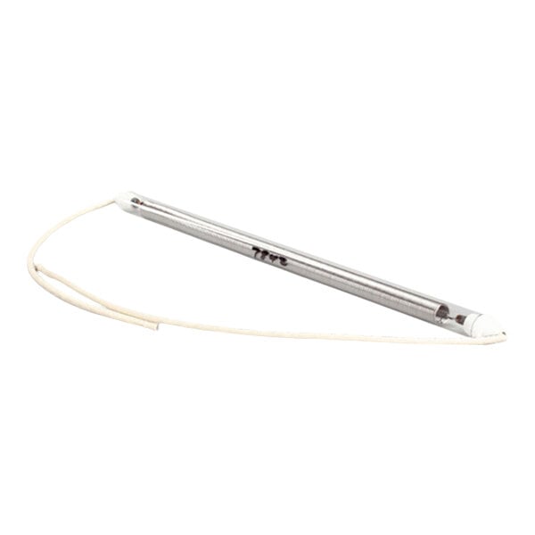 A cylindrical glass tube with metallic ends and an attached white wire, resembling a heating element or quartz tube heater.