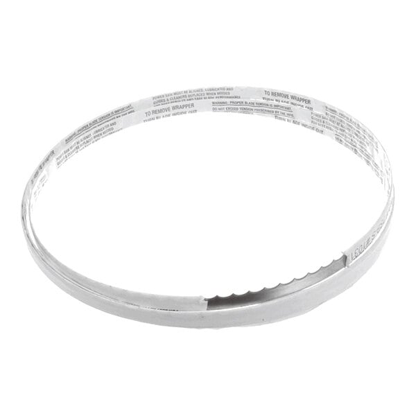 A circular metal saw blade with a serrated edge and printed instructions on the inner surface.