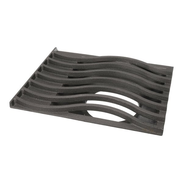A black, rectangular cast iron grate with a wavy pattern and an open section in the middle.