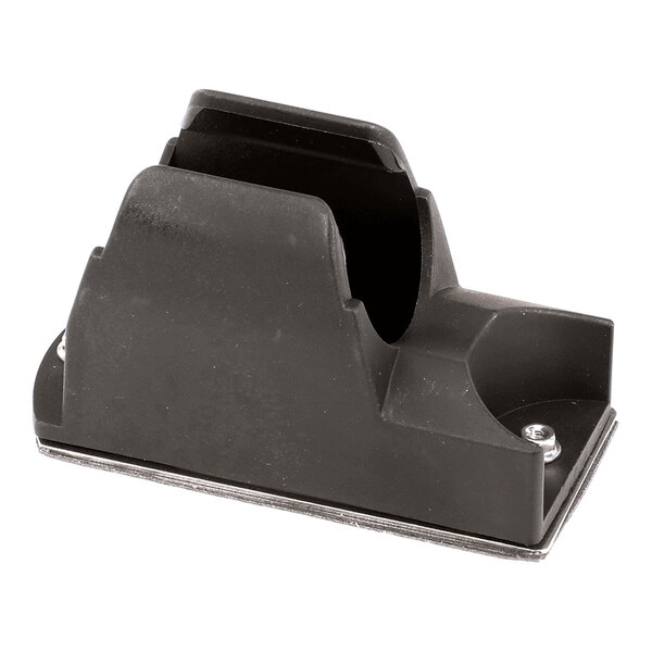 A black plastic holder with a slot and mounting screws, designed to hold a hand-shower.