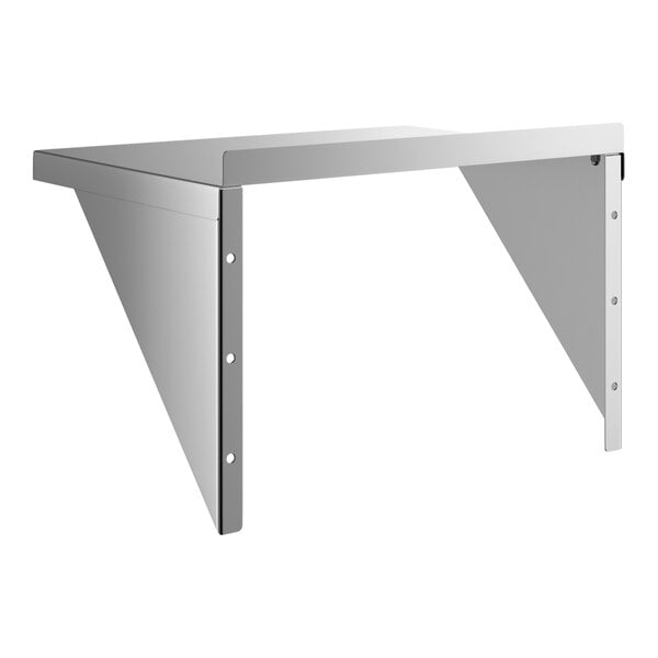 A stainless steel heavy duty wall shelf with triangular side supports and a flat top surface.