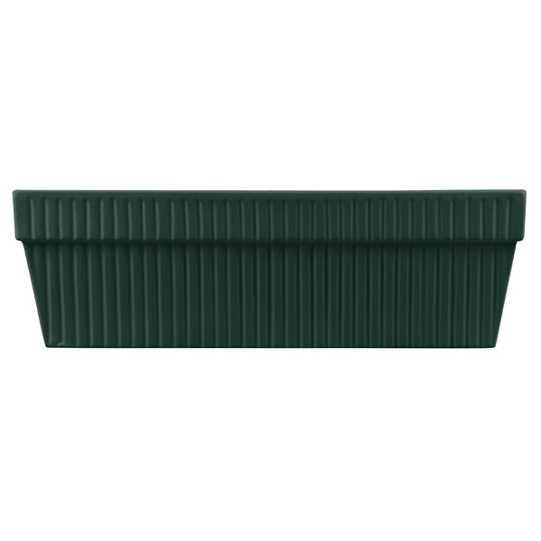A hunter green rectangular cast aluminum bowl.
