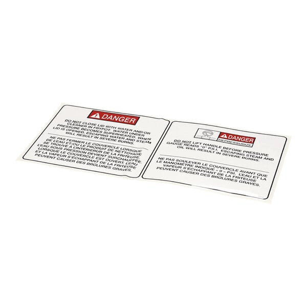 Two rectangular warning labels with red 'DANGER' headers and bilingual English and French safety instructions, placed side by side on a white surface.