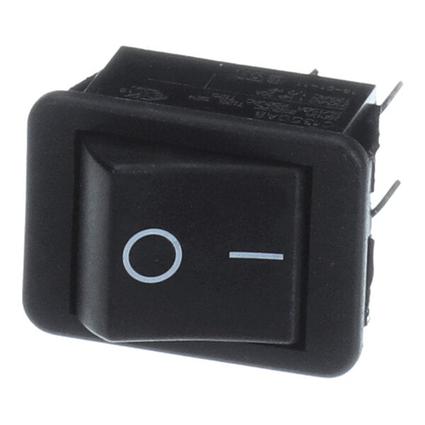 A black rectangular rocker switch with a '0' and '-' symbol on the face, featuring metal prongs for electrical connections.