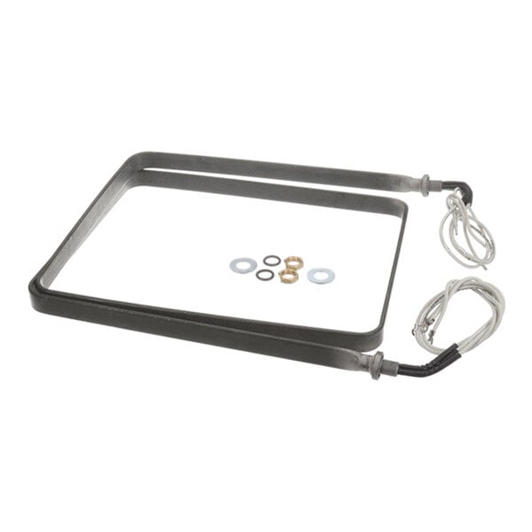 A rectangular metal heating element with attached wires and several small washers and nuts placed in the center.