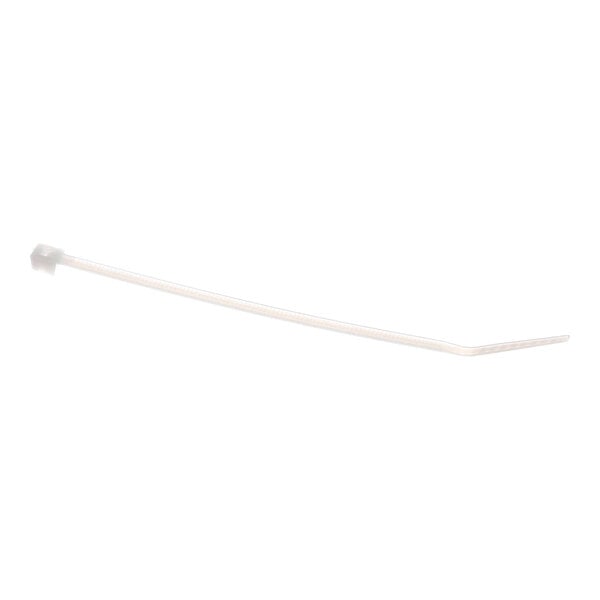 A single white cable tie with a locking head and a slightly bent shape is shown against a plain background.