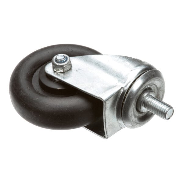 A single black caster wheel with a metal mounting bracket and threaded stem.