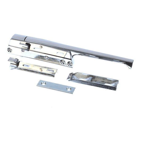 A set of shiny, metallic latch components with a long handle and several mounting plates, displayed on a white background.
