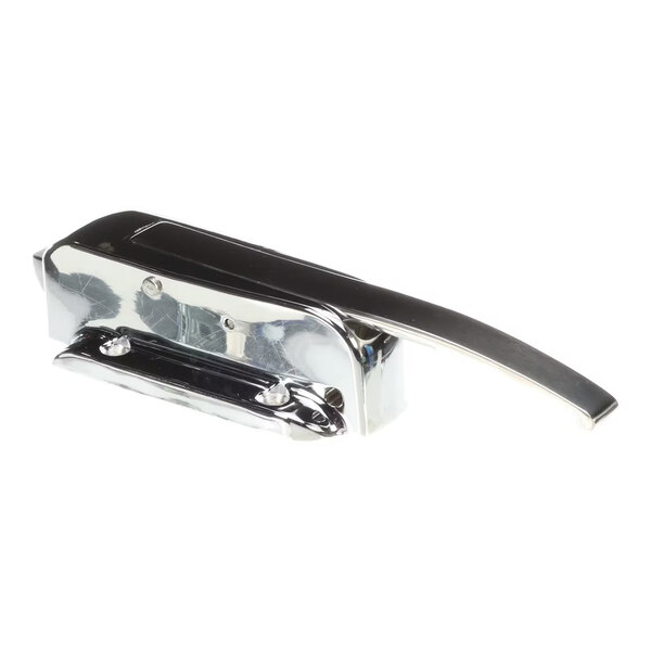 A shiny, metallic latch with a long handle and mounting holes, photographed against a white background.