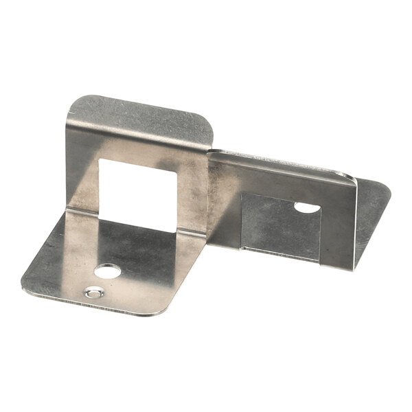 A metal bracket with multiple bends, square and round cutouts, and a reflective finish.
