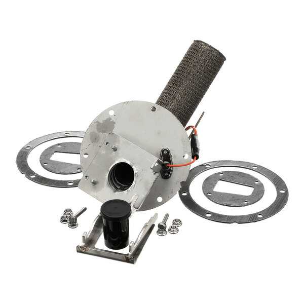 A metal assembly with a cylindrical mesh component, circular metal plates, a black cylindrical part, and various screws and fasteners arranged on a white background.