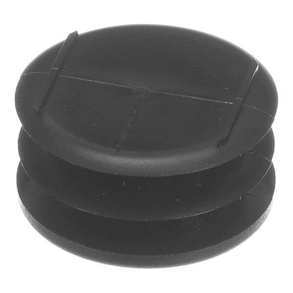 A black, round plastic plug with a snap-in design and two ridges for secure fitting.