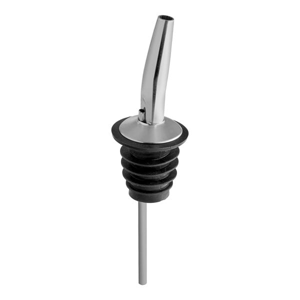 A chrome-colored tapered spout with a black ribbed stopper and a long thin tube, typically used as a liquor pourer.